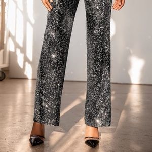 Sparkle Black Sequin Wide-Leg Pants